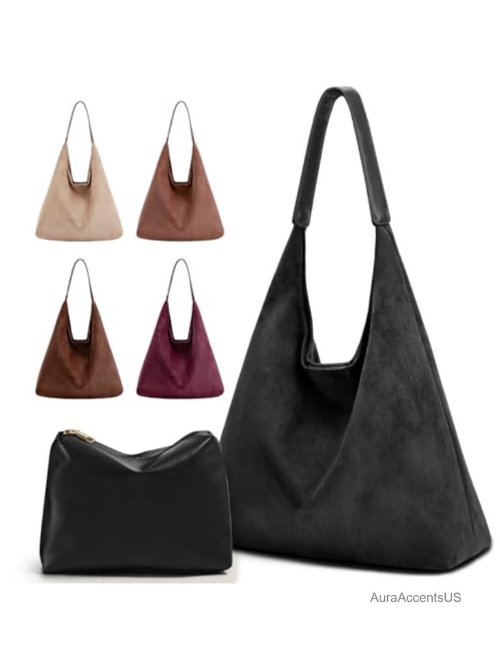 Women's 2-Piece Vegan Leather Purse Set: Slouchy Hobo & Suede Tote, Fits 13"